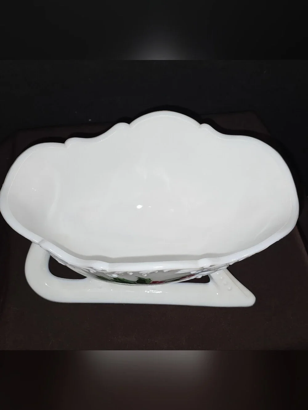 Westmoreland Glass Company hand-painted holly milk glass sleigh